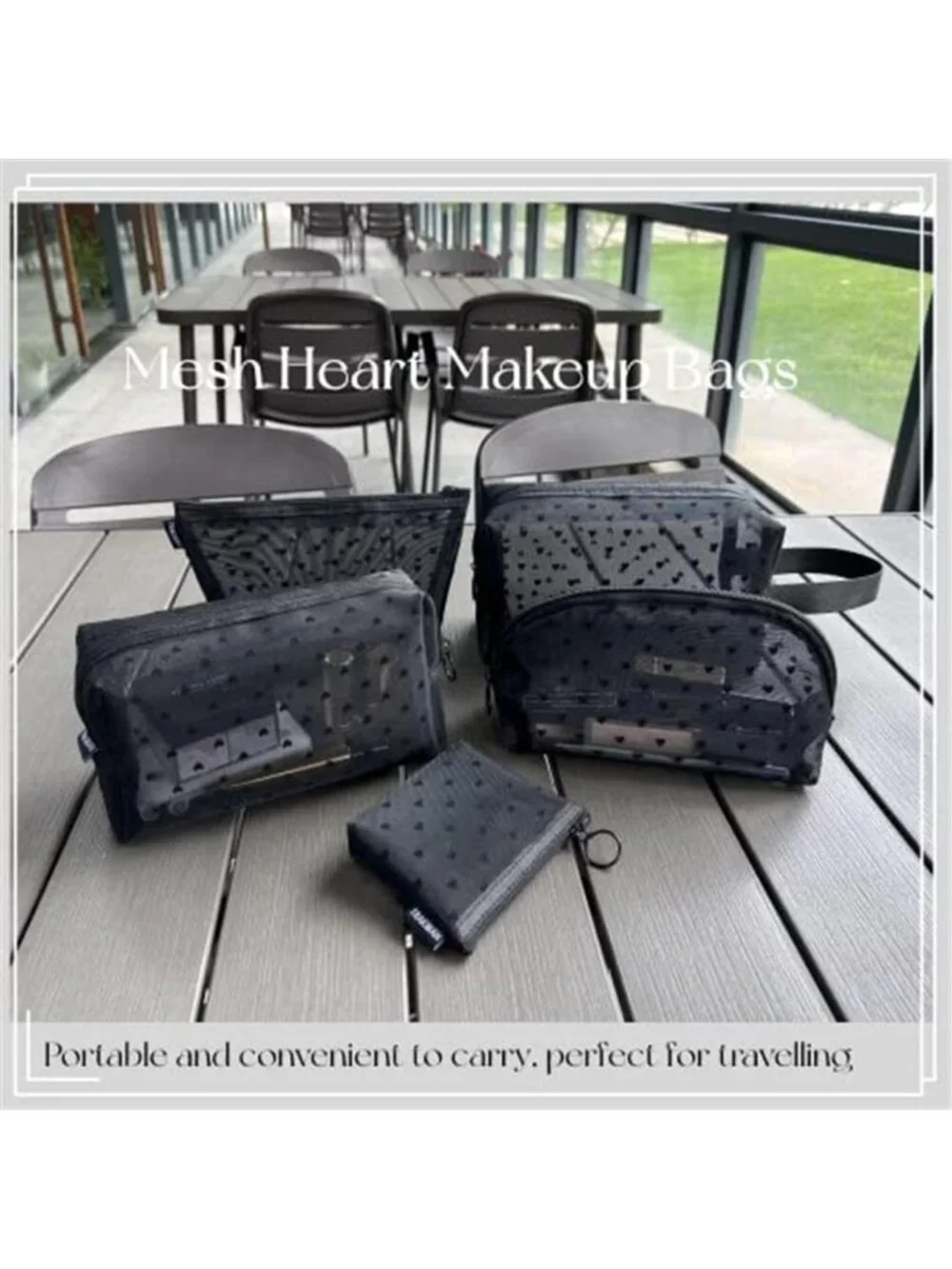 5 Pieces Heart Printed Mesh Makeup Bag Set Portable Travel Mesh Cosmetic Bags